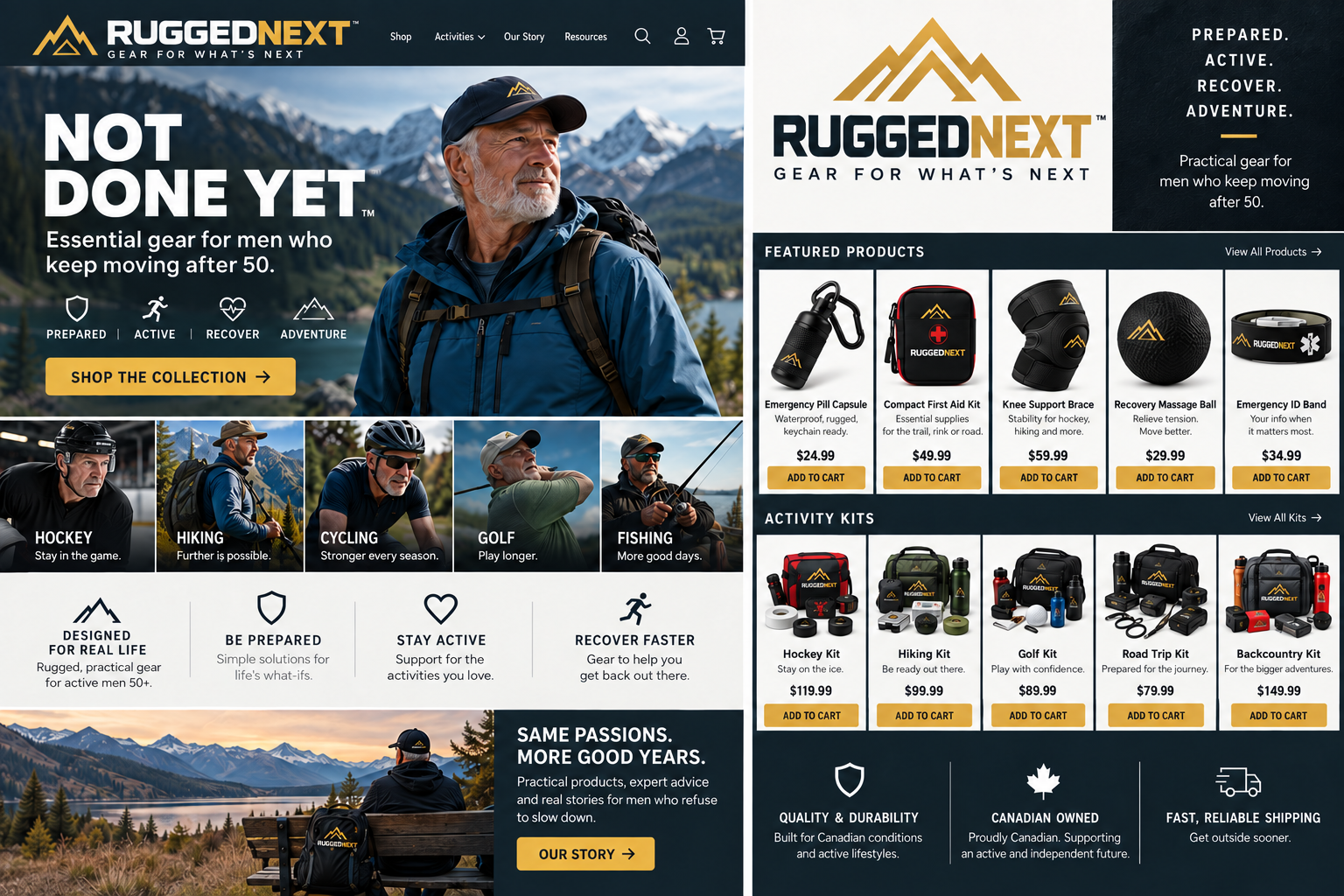 RuggedNext outdoor gear homepage showing active men hiking, playing hockey, cycling, golfing and fishing, featured preparedness products, activity kits, and Canadian-owned brand messaging.